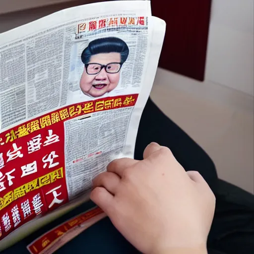 Image similar to Li Xin Jinping sitting on the toilet reading news paper, realistic detailed photography