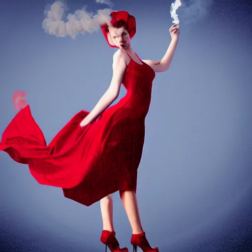 Prompt: a woman made of smoke, wearing a red dress, dancing, posed, photograph, photoshop,