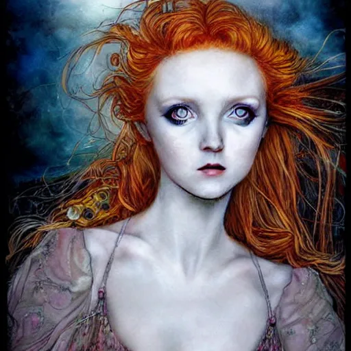 Image similar to portrait of lily cole as delirium from sandman, by luis royo