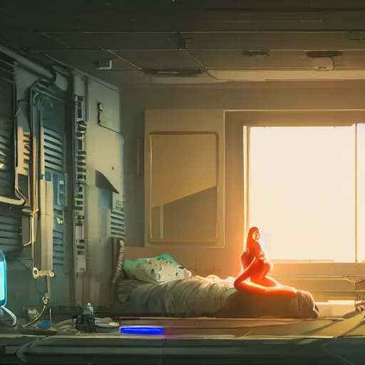 Image similar to a cyborg girl dreaming in cyberpunk apartment, render, octane, 4k, highly detailed, vivid colors, light and shadow, high definition, by James Gilleard and Makoto Shinkai