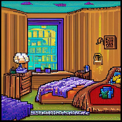 Image similar to view from corner looking into a 9 0 s bedroom, beautiful detailed pixel art, intricate details, beautiful, dithered gradients, volumetric lighting, 3 d illustration, old school computer game graphics, crpg, d & d, pixel art