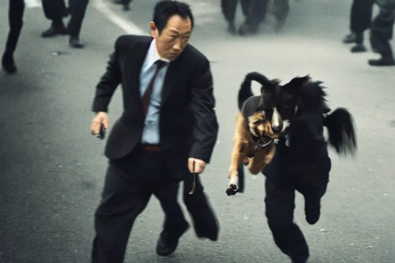 Image similar to cinematography action movie closeup portrait of a Japanese business man carrying his dog running from an explosion in Tokyo by Emmanuel Lubezki