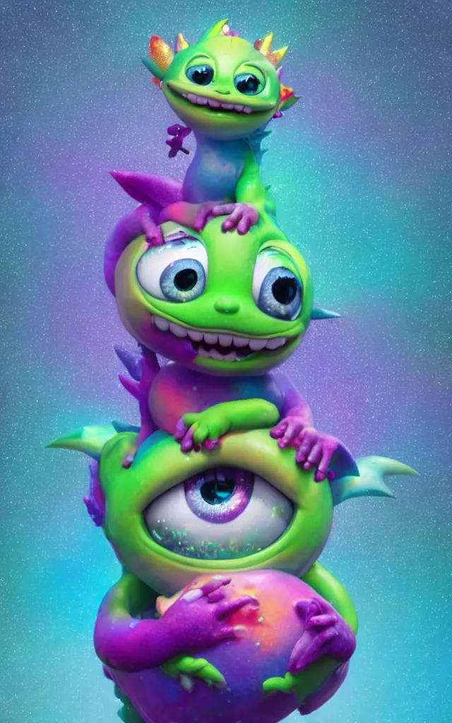 Image similar to a cute baby dragon, big eyes, pixar animation style, soft fur, by jeff koons, by lisa frank, octane render, by takashi murakami, toy, glitter, sparkly, colorful, spectral color, 5 d, ultra - hd, happy, good, mini, volumetric lighting