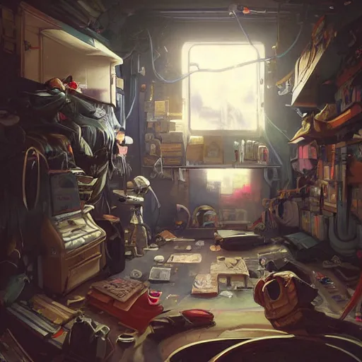Image similar to detailed room in the sewer lair The room is a clutter if clothes and a bunkbed with space posters everywhere,soft,light,bright,epic,awesome,digital art, by Rossdraws and Greg rutkowski