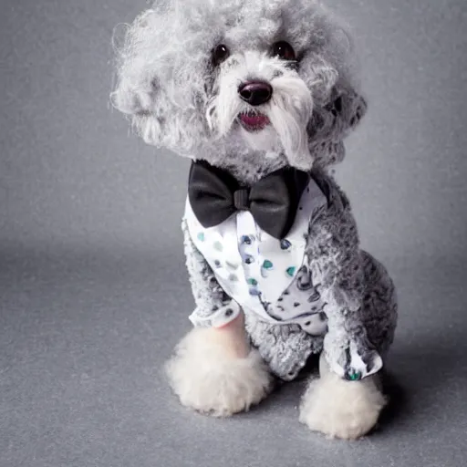 Image similar to a fancy gray miniature poodle wearing a bow tie top hat and monocolor pants