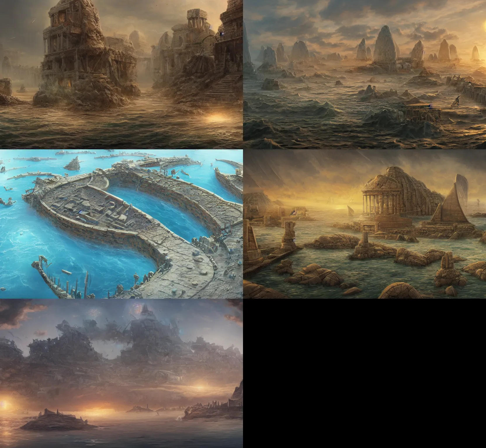 Prompt: artwork by John Avon and Rob Alexander of the forgotten coastal cities of the ancient Sea Peoples, trending on artstation, illustration, 4k, smooth, sharp focus