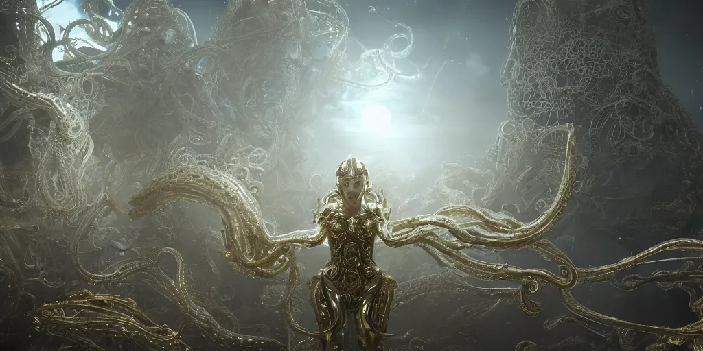 Prompt: a photo of 8k ultra realistic lovecraftian white with gold highlights humanoid queen standing next to a spaceship window overlooking earth, 8 intricate white and gold tentacles, ornate white and gold armour, cinematic lighting, trending on artstation, 4k, hyperrealistic, focused, extreme details, unreal engine 5, cinematic, masterpiece