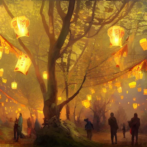 Prompt: Concept art, Sky lanterns by gingko trees, 8k, by Rembrandt, background by alphonse mucha, artstation