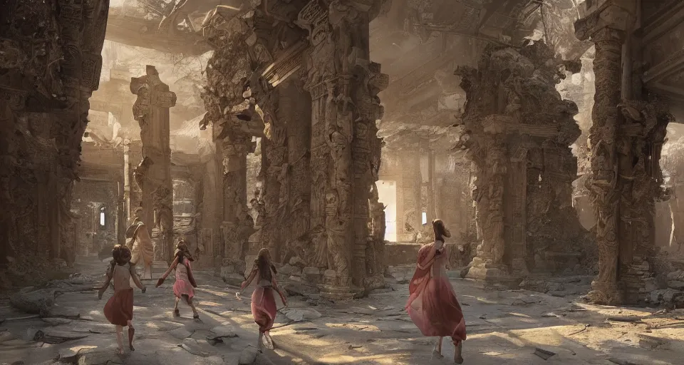 Image similar to Shool girls walking through the interior of an mytical and ancient temple in ruins, hyperdetailed, artstation, cgsociety, golden hour 8k