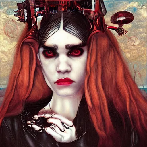 Prompt: album cover of Grimes as an evil robot cyborg character in a romantic pre-raphaelite style by dante