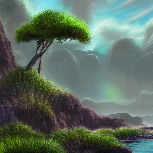Image similar to artistic digital artwork of a lush natural scene on an alien planet. beautiful landscape by lurid ( 2 0 2 2 ). weird vegetation. cliffs and water. grainy and rough. interesting pastel colour palette. beautiful light. oil and water colour based on high quality render.