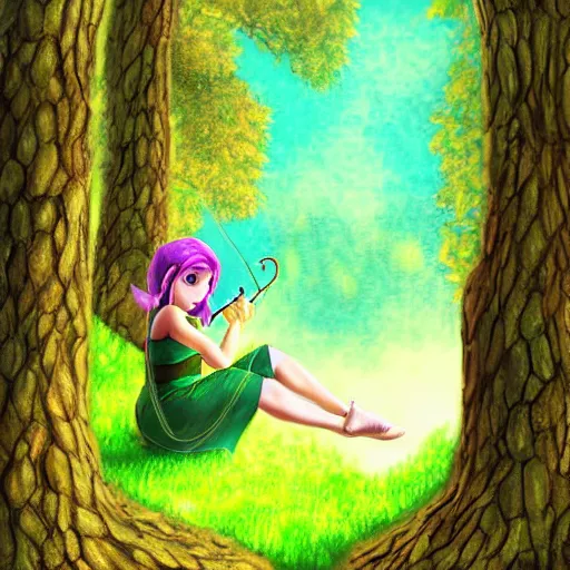 Image similar to Saria sits on a tree, Digital art, beautiful, ocarina of time