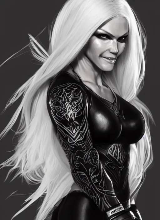 Image similar to a highly detailed illustration of fierce beautiful platinum blonde woman wearing black mma gear, dramatic smile pose, muscular, perfect face, perfect body, intricate, elegant, highly detailed, centered, digital painting, artstation, concept art, smooth, sharp focus, league of legends concept art, wlop