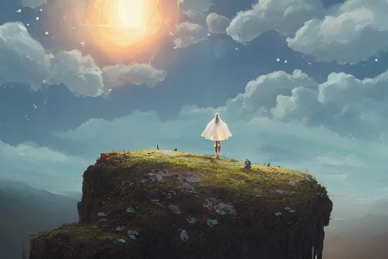 Prompt: giant white daisy flower under the head, girl standing on cliff, surreal photography, solar eclipse, milky way, dramatic light, impressionist painting, clouds, digital painting, artstation, james gilleard, liam wong, jeremy mann, simon stalenhag