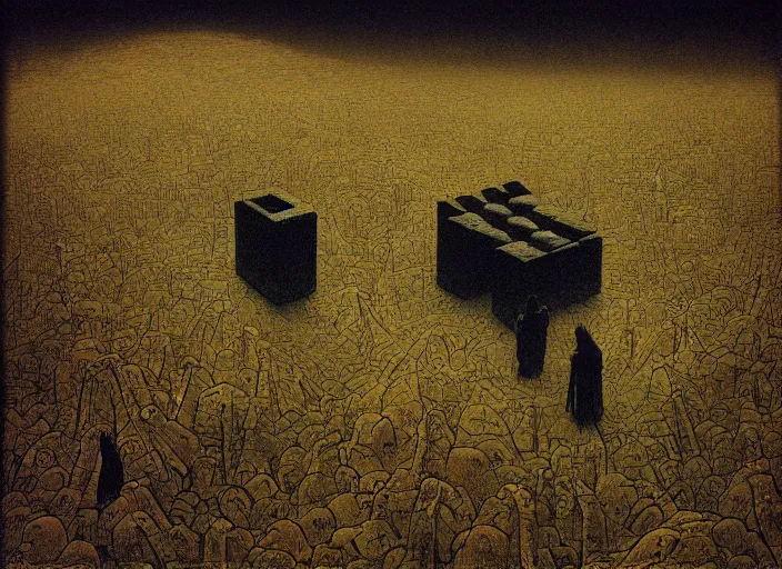 Image similar to people worshipping a black cube by beksinski