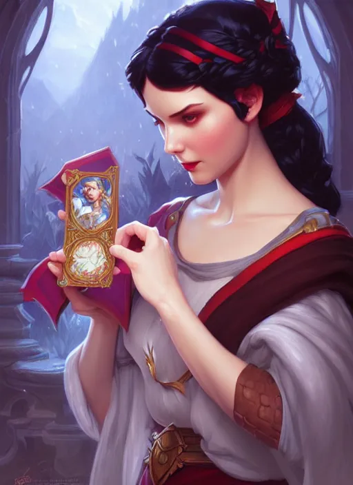 Image similar to snow white, d & d, fantasy, intricate, elegant, highly detailed, digital painting, artstation, concept art, matte, sharp focus, illustration, hearthstone, art by artgerm and greg rutkowski and alphonse mucha