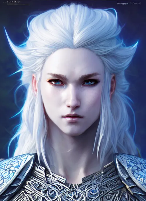 Image similar to warrior, light azure armor!!! long wild white hair!! covered chest!!! fantasy, d & d, intricate ornate details, digital painting, pretty face!!, symmetry, concept art, sharp focus, illustration, art by artgerm! greg rutkowski magali villeneuve wlop! ilya kuvshinov!!, octane render