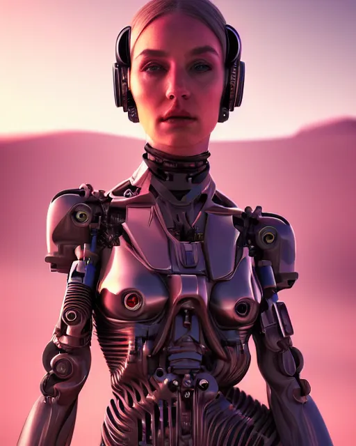 Prompt: portrait of a feminine symmetric beautiful sci - fi cyberpunk female cyborg, desert oasis background, ultra realistic, highly detailed, hd, sharp focus, cinematic lighting, realistic, photorealistic, vivid colors, painting, photograph, digital art, non blurry, sharp, artstation, concept art, smooth, illustration