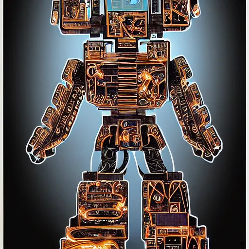 Prompt: intricate transformer clockwork robot made of microcircuitry by dan mumford