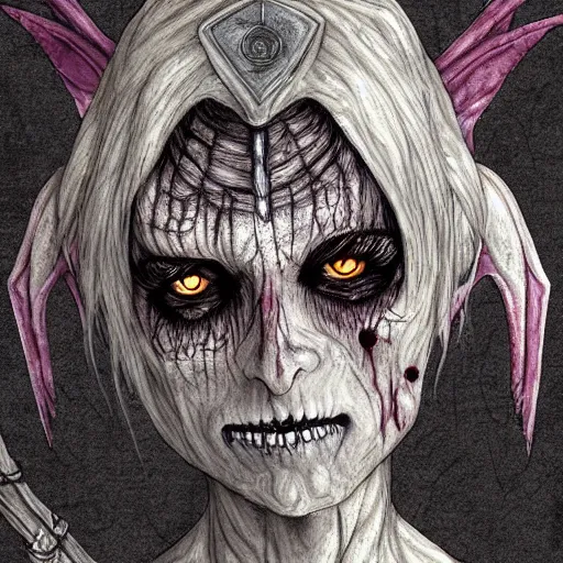 Image similar to portrait of undead female elf lich, grey rotting skin, scythe, sickle, ugly, scars, black ooze, ichor, evil, dungeons and dragons