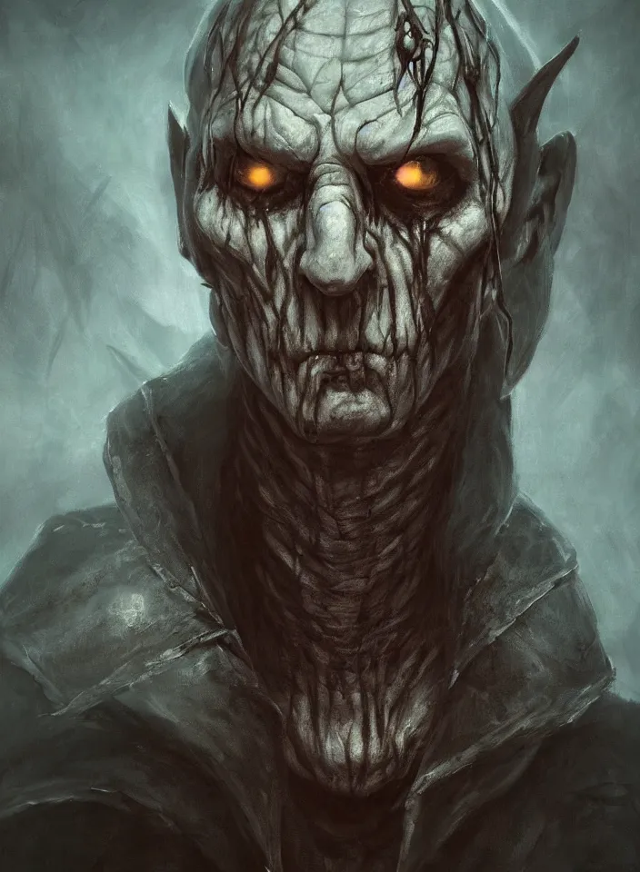 Image similar to a face portrait of a older man as an undead necromancer from skyrim, fantasy setting, beautiful face, serene colors, soft lighting, atmospheric, cinematic, moody, in the style of diego koi, gina heyer, luiz escanuela, art by alyssa monk, hyperrealism, rule of thirds, golden ratio, oil on canvas, 8 k