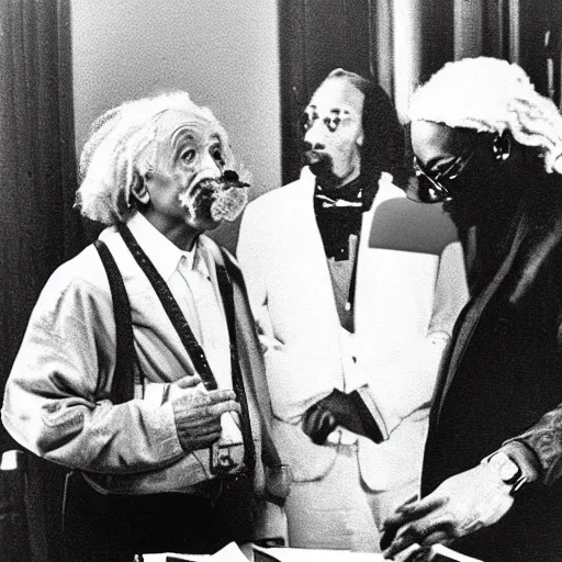 Image similar to Albert Einstein and Snoop Dogg discussing physics and smoking blunts