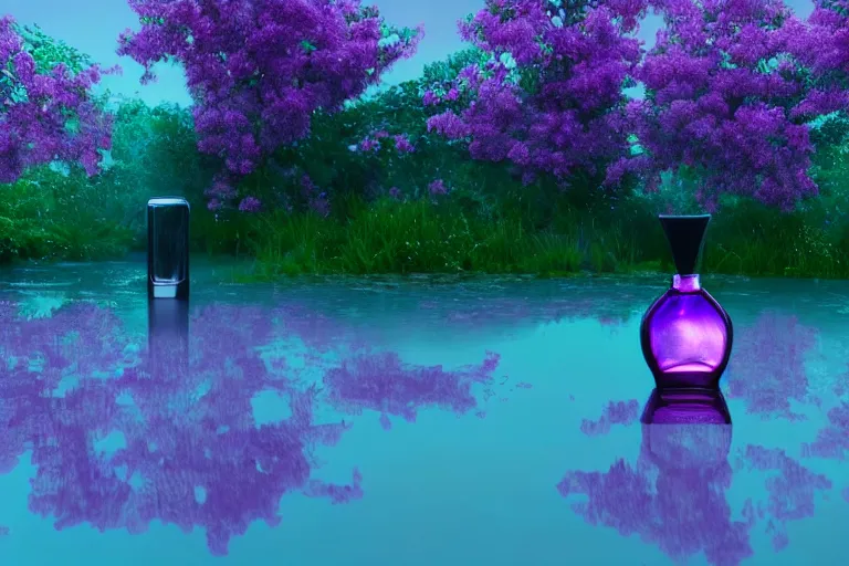 Prompt: perfume bottle close shot, sharp focus, global illumination, standing on lilipads in a cool blue frosted pond, dramatic, mid day, lilac aurora borealis background, soft lilac skies, large scale, hyperrealistic, lots of detail, realistic lighting, octane render, by wlop, artgerm, trending on artstation