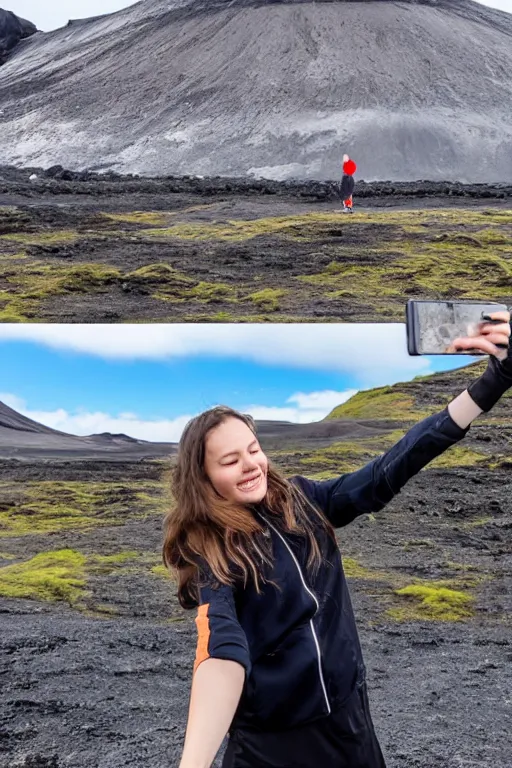 Image similar to girl taking selfie, blurred background, in front of icelandic volcano