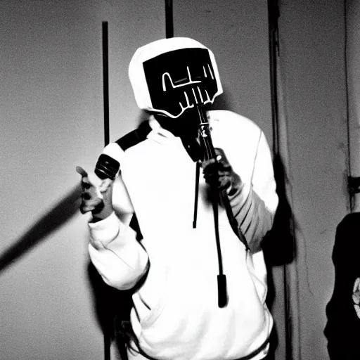 Prompt: mf doom holding a microphone