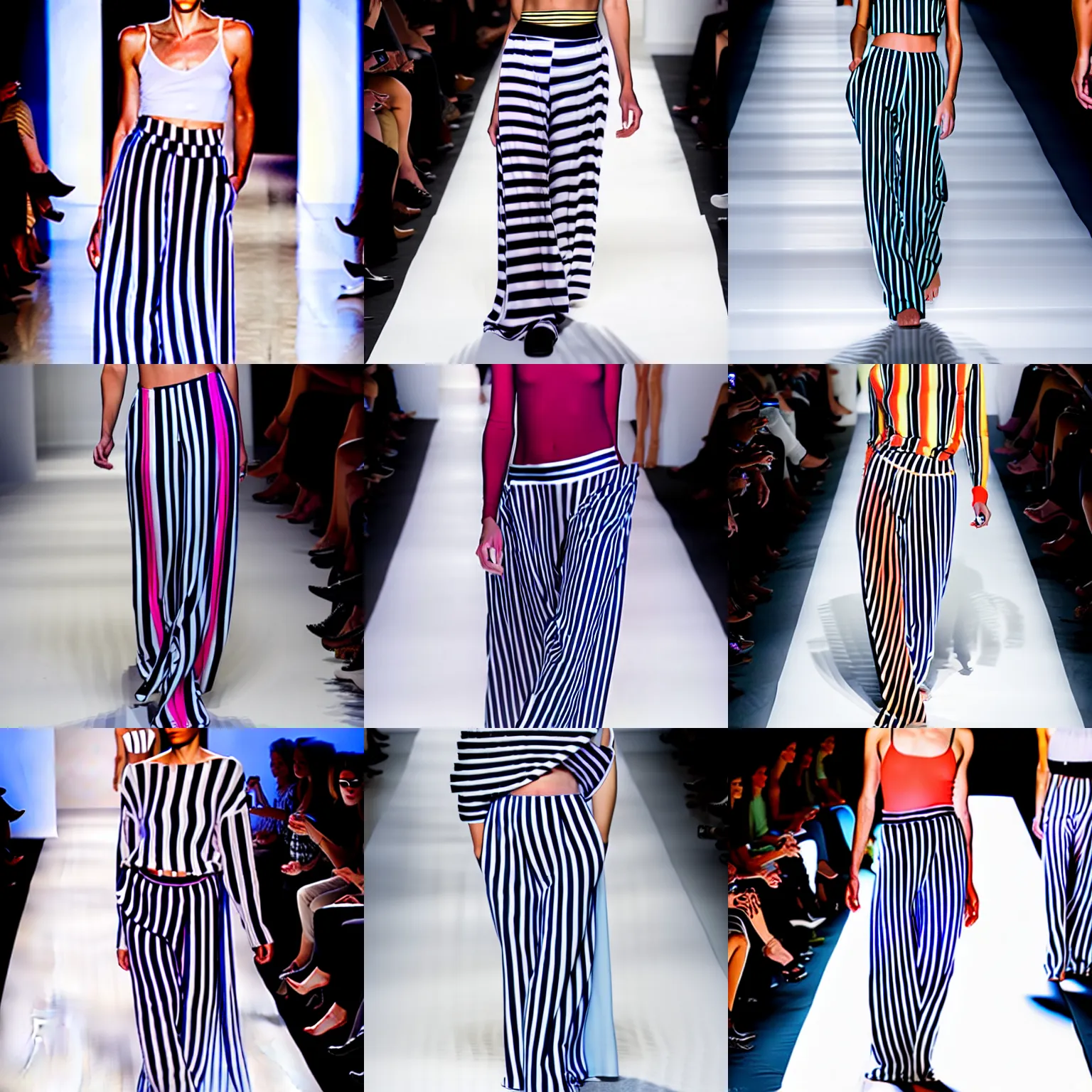 Prompt: high key lighting model wearing vertical stripes and dramatic palazzo pants on the runway. major glow - up. new variations of color give relaxed cuts and structure. couture. high fashion. fashion week