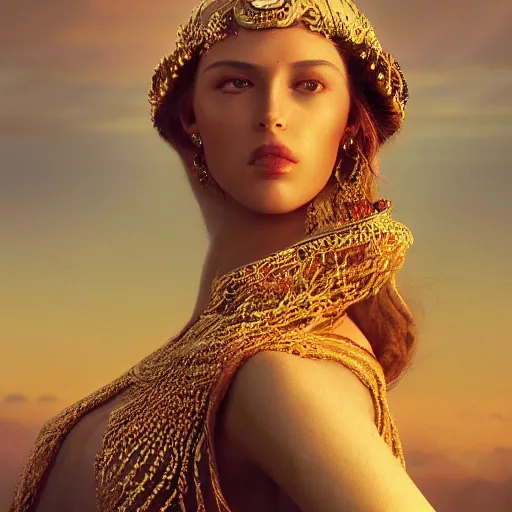 Image similar to portrait of a stunningly beautiful female empress at sunset, fashion photoshoot, by edward robert hughes, annie leibovitz and steve mccurry, david lazar, jimmy nelsson, breathtaking, 8 k resolution, extremely detailed, beautiful, establishing shot, artistic, hyperrealistic, beautiful face, octane render