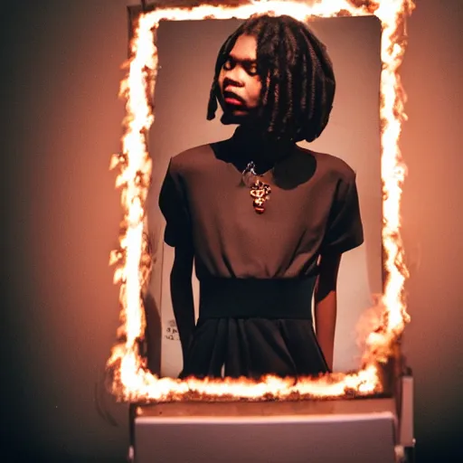 Image similar to realistic! photoshoot for a new chanel lookbook, color film photography, portrait of a beautiful woman, fire in the background, in style of tyler mitchell, 35mm