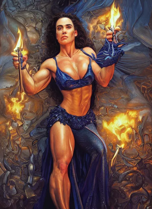 Image similar to portrait of a very muscled Jennifer Connelly as a heroine staring into the camera, torches and fireflies, artstation, intricate, elegant, highly detailed, art by Donato Giancola, Joseph Christian Leyendecker, WLOP, Boris Vallejo, Artgerm