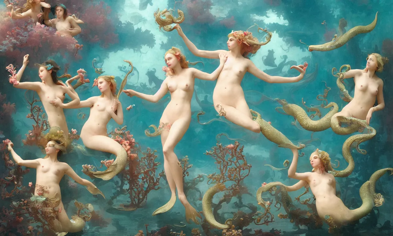 Prompt: a luminous springtime fairytale of beautiful realistic mermaids frolicking together among octopuses and fish and coral and seahorses in the romantic underwater baroque kingdom of Neptune. Neon light, masterpiece 4k digital illustration by Ruan Jia and Mandy Jurgens and William-Adolphe Bouguereau, award winning, Artstation, Gustave Dore' background, intricate details, realistic, panoramic view, volumetric lighting, sun rays beaming, Hyperdetailed, 8k resolution, golden hour, intricate art nouveau, smooth, sharp focus, rendered in Unreal Engine 3