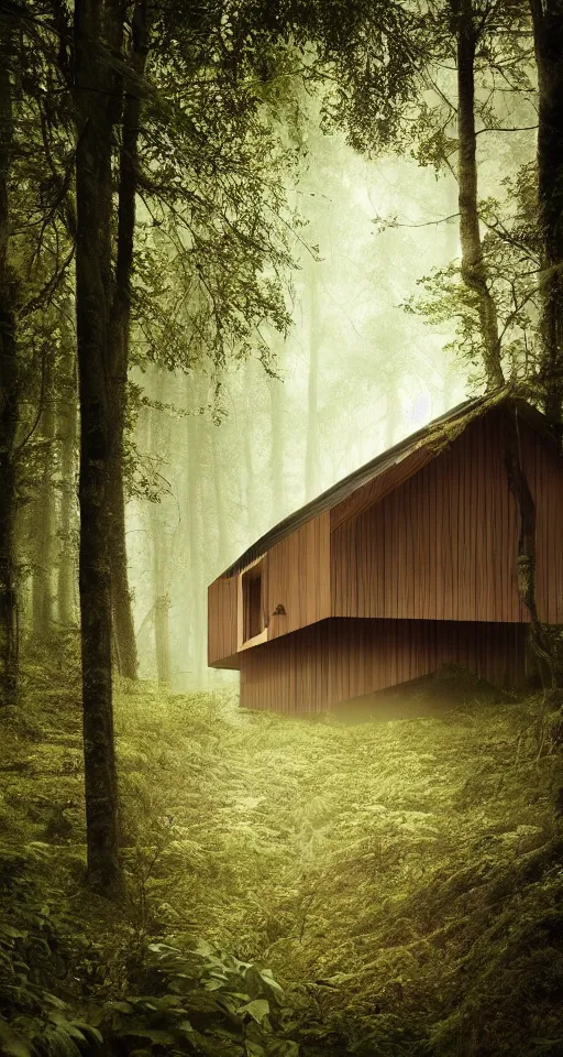 Prompt: an exquisitely designed wooden house in a lush forest, architectural photography, dark and dim lighting, beautiful, tranquil, moody, cinematic, fantasy, 3 5 mm lens, volumetric lighting, first person view, photographic render, hyper realistic