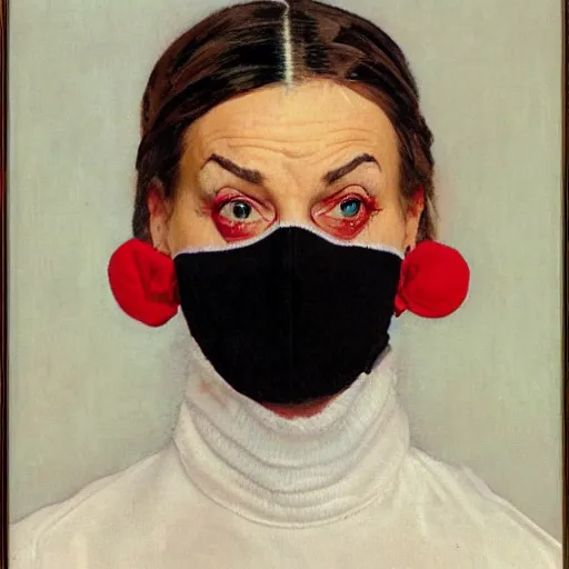 Prompt: Frontal portrait of a woman wearing a white mask and a red turtleneck. Painting by Norman Rockwell.