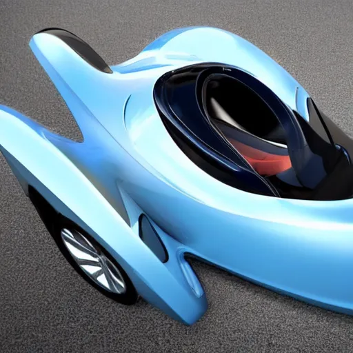 Prompt: a new design car with three wheels and a undercarriage swoops like a dolphin's belly. this reduces drag, or the force of air flowing against the motion of the vehicle is curved at the nose, wide along the sides and tapered toward the trunk like a small, speedy aircraft