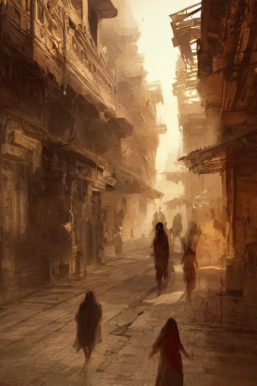 Image similar to the streets of old Cairo at the time of the pharaohs, intricate, elegant, volumetric lighting, digital painting, highly detailed, artstation, sharp focus, illustration, concept art, ruan jia, steve mccurry