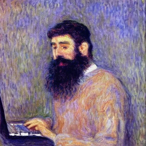 Prompt: monet painting of a bearded man sitting, in one hand he has a football, in the other hand he is holding a laptop, highly detailed, realistic,