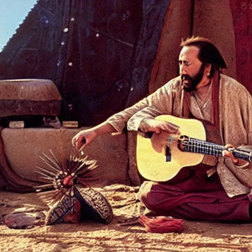 Image similar to Nicolas Cage as berber musicians, smoking hashish and playing string instruments in a dusty, sunny environment, a frame from an early star wars movie