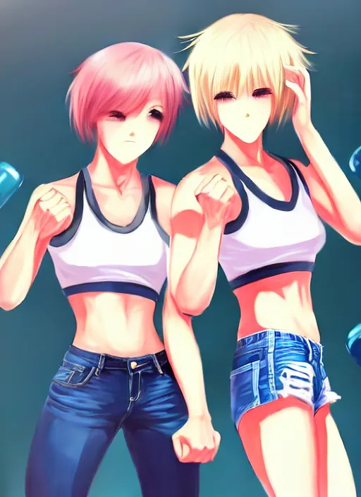 Image similar to two beautiful identical female fighters with short hair facing each other in gym, jean shorts, white top, dim lighting, gorgeous features, high resolution, detailed anime art