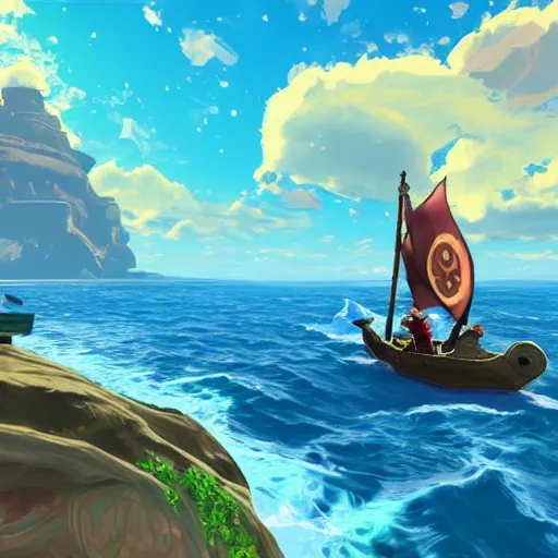 Image similar to link sailing on a boat past an island in the style of breath of the wild