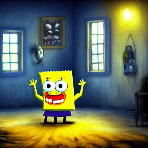 prompthunt: incredibly sad spongebob, 3 d render, melancholic