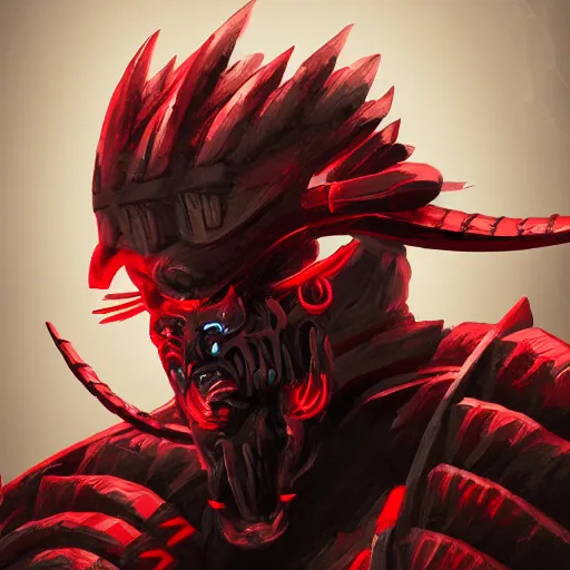 Image similar to a vivid portrait of a predator samurai, trending on artstation, scary, intimidating, dark, unreal engine, studio lighting, black and red color scheme