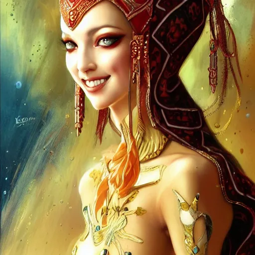 Image similar to a full body beautiful woman wearing a chedda from tlemcen by karol bak, ayami kojima, artgerm, sakimichan, arabian beauty, blue eyes, smile, concept art, fantasy