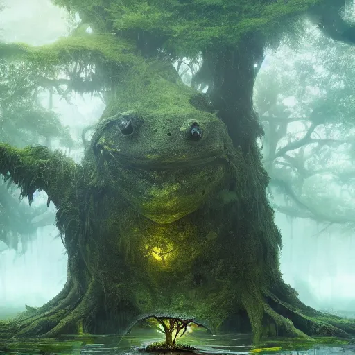 Image similar to living tree, tree has legs and eyes, in the shape of a frog, swamp, greg rutkowski, trending on art station, magic the gathering, 4 k, matte painting