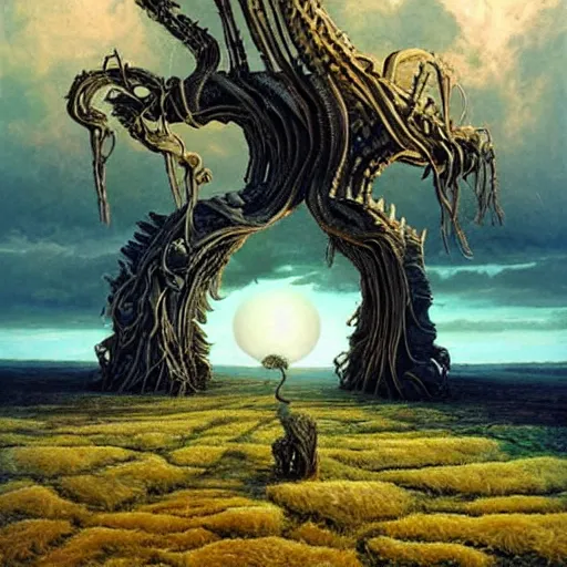 Image similar to a normal doorway leading to an endless twisting inverted nightmare landscape, rhads!, strange trees and clouds, ( h. r. giger )