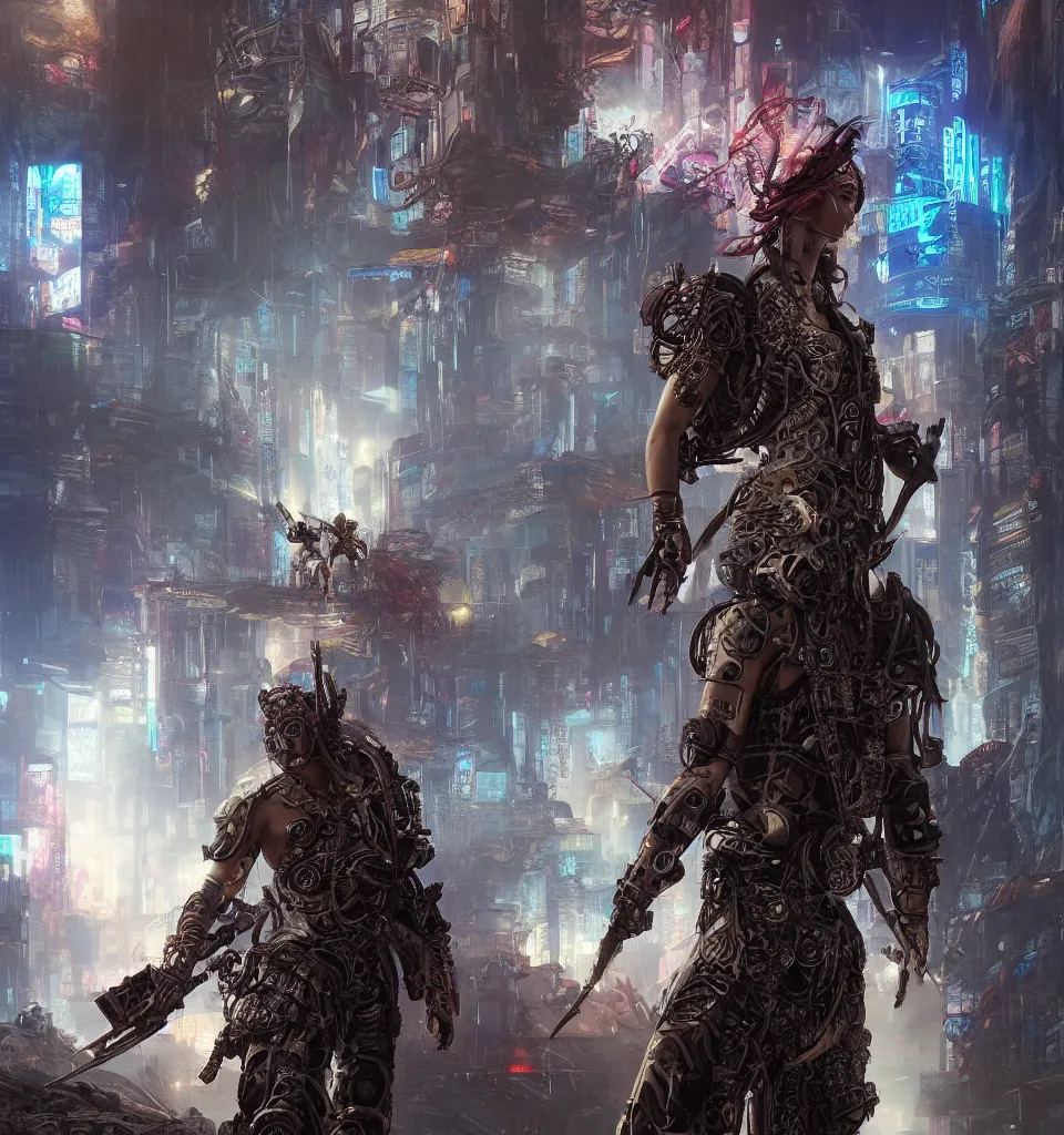 Image similar to cyberpunk gladiator, cinematic, highly detailed, octane render, cg, rich cinematic atmosphere, perfect digital art, mystical journey in strange world, Mystical, cyberpunk, tech war, sci-fi, surreal, glowing lights, sharp focus, high detailed, by Akihiko Yoshida, michael whelan and Karol Bak