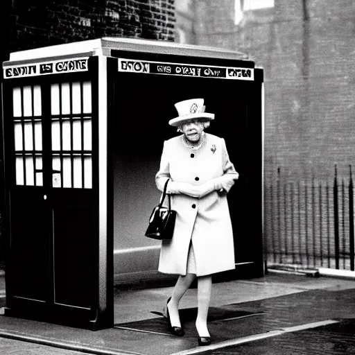 Prompt: 35mm Photograph of Queen Elizabeth II stepping out of the Tardis on a dark rainy London street