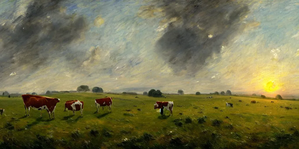 Prompt: Cows grazing in a grassy landscape at sunrise by John Constable, foggy, 4k, trending on artstation